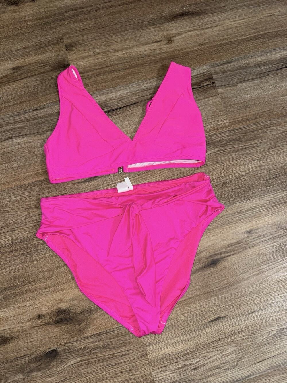 Gibson Latimer Bikini Set XL Hot Pink Neon High Waisted Wrap V Neck Swimsuit 2PC